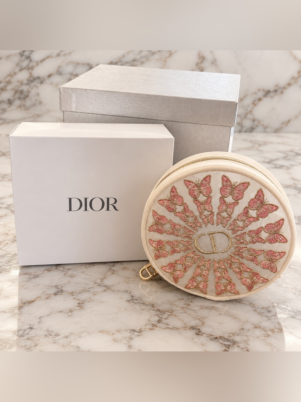Dior Pink Butterflies Embroidered Round Leather Coin Pouch
